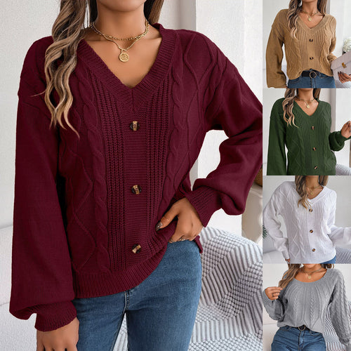Jersey de Punto Trenzado Escote V con Manga Abullonada