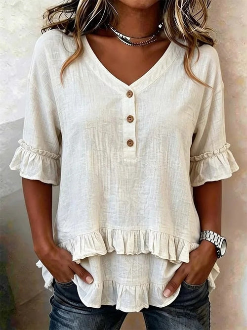 Blusa Retro con Volantes y Escote V Holgado