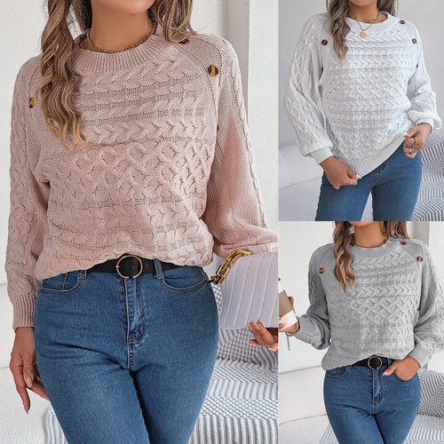 Pullover Sweater With Buttons And Puff Sleeves For Women