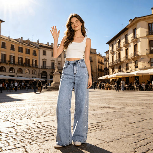 Vaqueros Rectos con Tachuelas — Stretch Premium Mujer