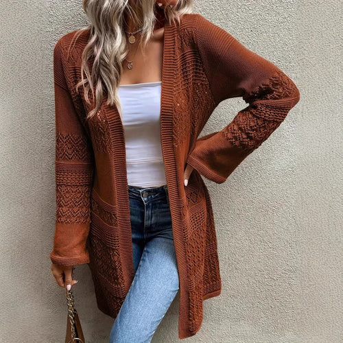 Elegant Mature Solid-color Hollow-out Long-sleeve Plus-size Womens Cardigan