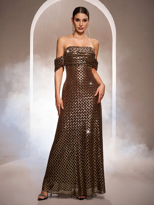 Vestido de Noche con Lentejuelas Hombros Descubiertos — Gala